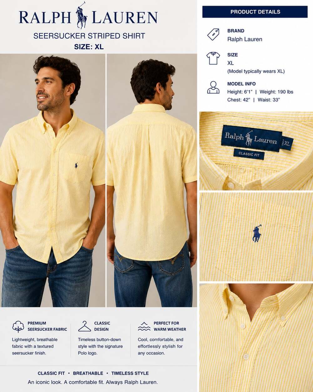 Polo Ralph Lauren Yellow Seersucker Striped Short Sleeve Shirt Classic Fit